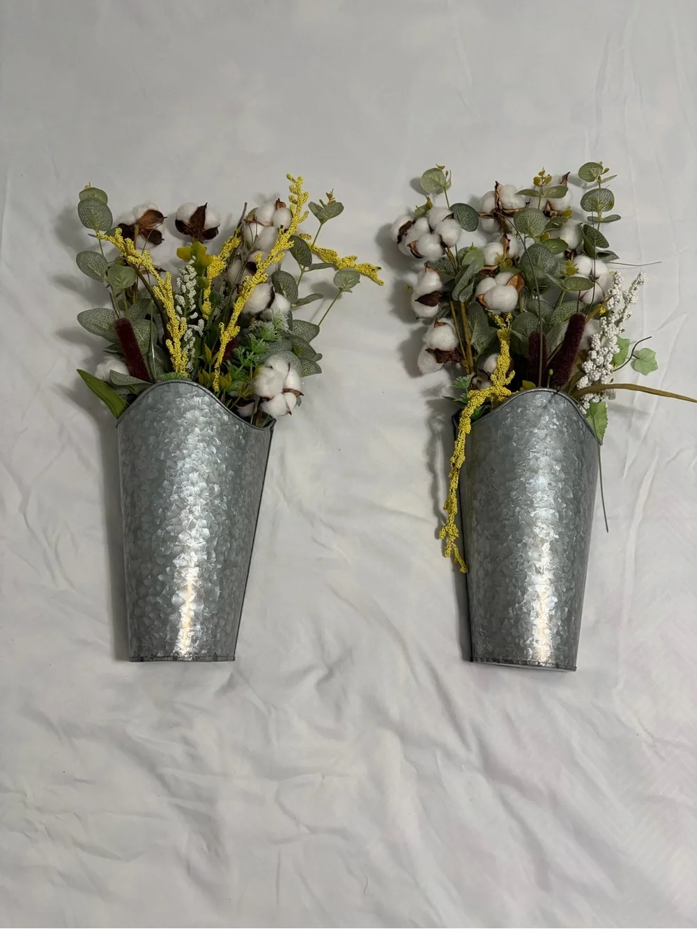 Galvanized Wall Pocket Planter with Cotton Stem Arrangement - Silver